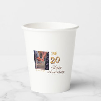 Proost op 20 jaar gelukkig jubileum foto toevoegen papieren bekers