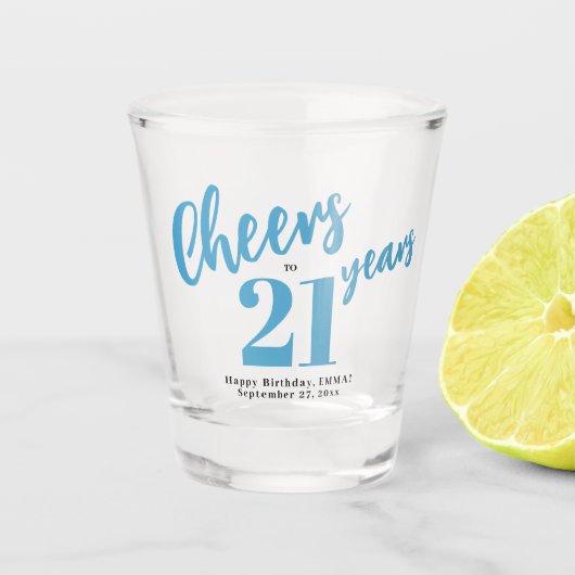 Proost op 21 jaar chic blauw script 21e verjaardag shot glas (Voorkant)