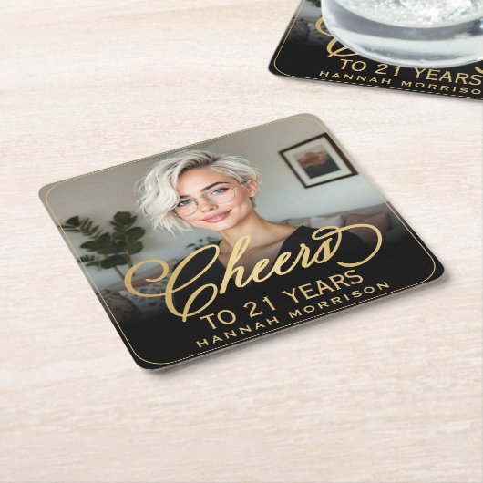 Proost op 21 Jaar Verjaardag Foto Goud Zwart Kartonnen Onderzetters (Schuin)