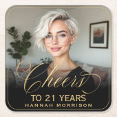 Proost op 21 Jaar Verjaardag Foto Goud Zwart Kartonnen Onderzetters (Voorkant)