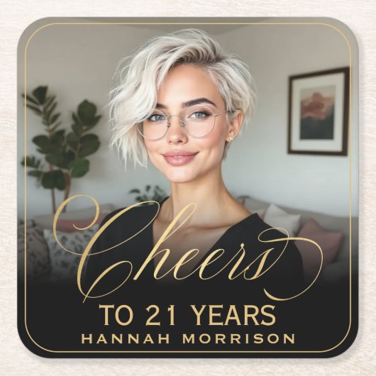 Proost op 21 Jaar Verjaardag Foto Goud Zwart Kartonnen Onderzetters (Voorkant)