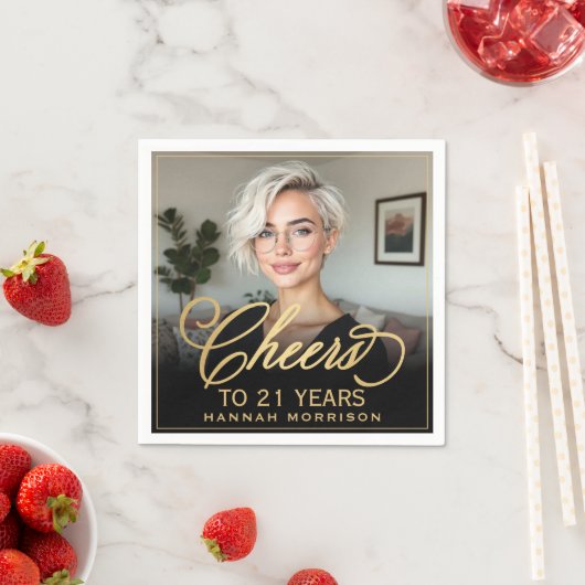 Proost op 21 Jaar Verjaardag Foto Goud Zwart Servet (Insitu)