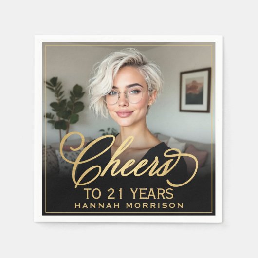 Proost op 21 Jaar Verjaardag Foto Goud Zwart Servet (Voorkant)