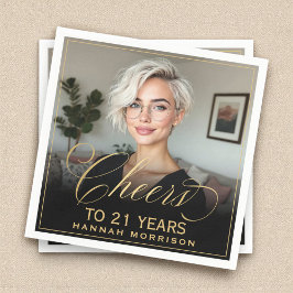 Proost op 21 Jaar Verjaardag Foto Goud Zwart Servet