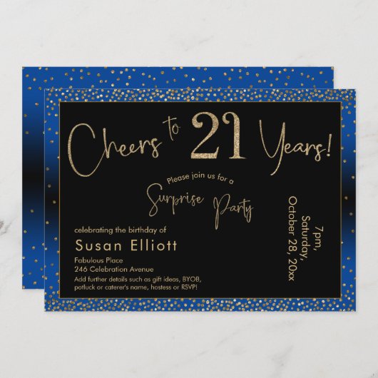 Proost op 21 jaar Verrassing Verjaardag Gold & Blu Kaart (Voorkant / Achterkant)
