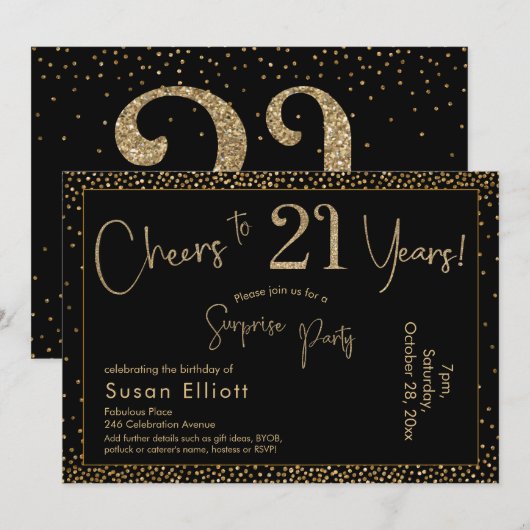 Proost op 21 jaar Verrassing Verjaardag Goud & Zwa Kaart (Voorkant / Achterkant)