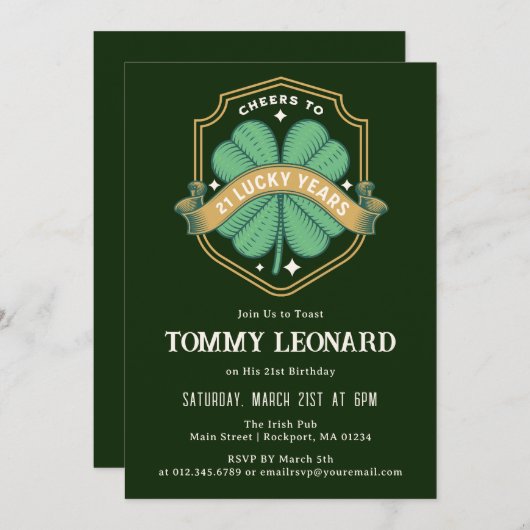 Proost op 21 Years Lucky Shamrock Verjaardag Invit Kaart (Voorkant / Achterkant)