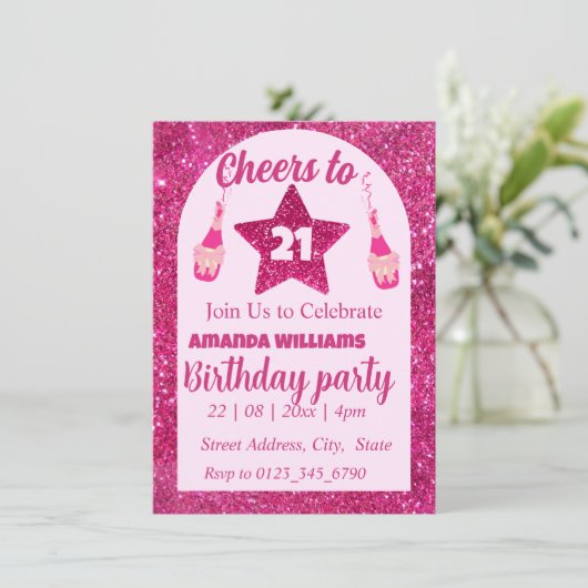 Proost op 21e verjaardag roze glitters elegant chi kaart (Staand voorkant)