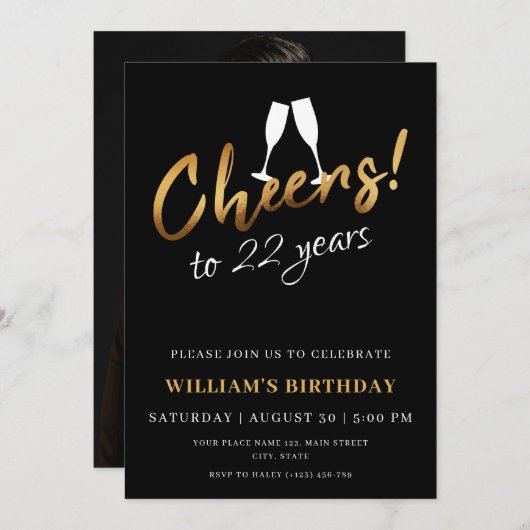 Proost op 22 jaar gouden zwarte volwassen verjaard kaart (Voorkant / Achterkant)