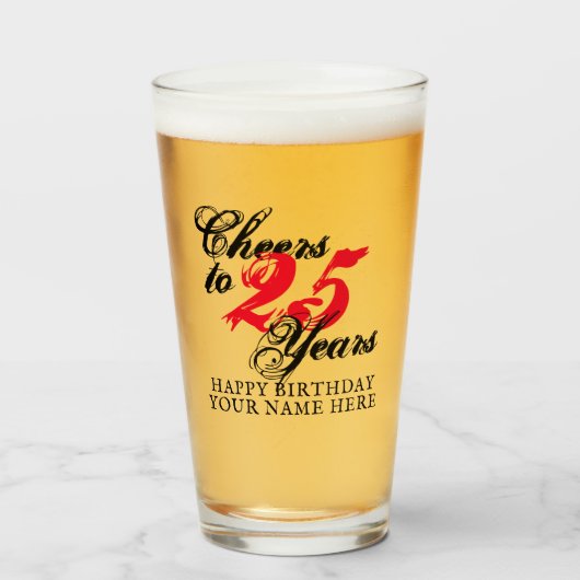 Proost op 25 jaar 25e verjaardag bierglas cadeau glas (Voorkant gevuld)