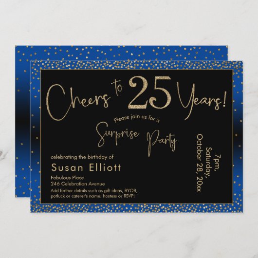 Proost op 25 Jaar Verjaardag Goud & Blauw Kaart (Voorkant / Achterkant)