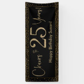 Proost op 25 jaar Verjaardag Zwart w / Gold Confet Spandoek (Verticaal)