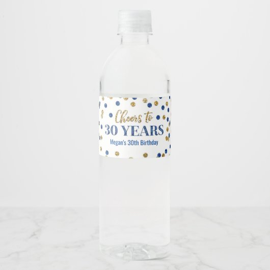 Proost op 30 jaar Confetti van Blue Gold Waterfles Etiket (Voorkant)