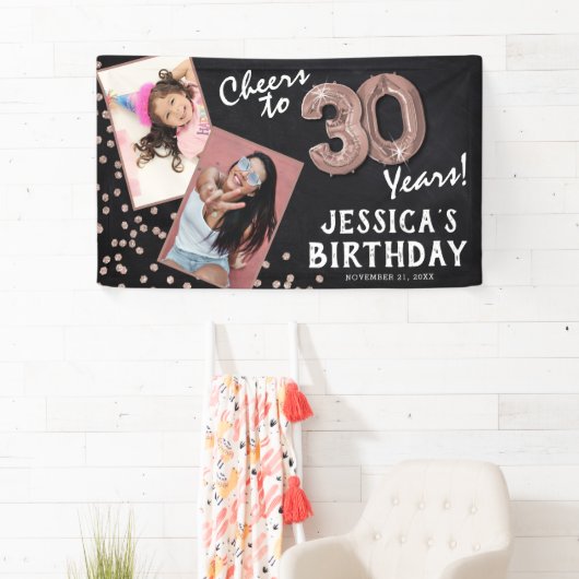 Proost op 30 jaar Roos Gold 2 Foto Verjaardag Spandoek (Insitu)