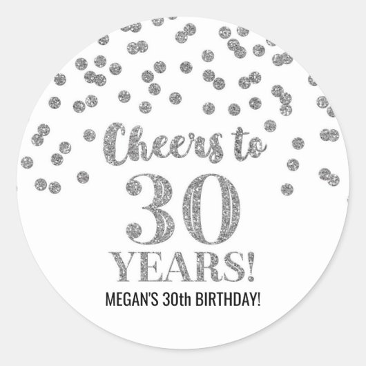 Proost op 30 Jaar Verjaardag Zilveren Confetti Ronde Sticker (Voorkant)