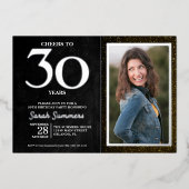 Proost op 30 Jaar Zwart Zilver 30e Verjaardag Folie Uitnodiging (Voorkant)