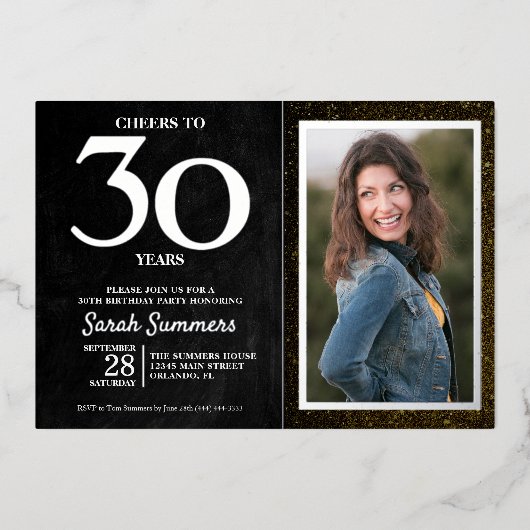Proost op 30 Jaar Zwart Zilver 30e Verjaardag Folie Uitnodiging (Voorkant)