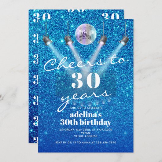 Proost op 30 Years Blue Glam Disco Retro Birthday Kaart (Voorkant / Achterkant)