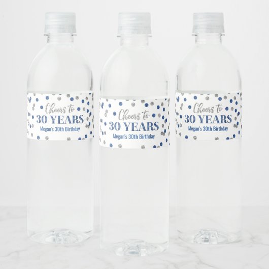 Proost op 30 Years Blue Silver Confetti Verjaardag Waterfles Etiket (Flessen)