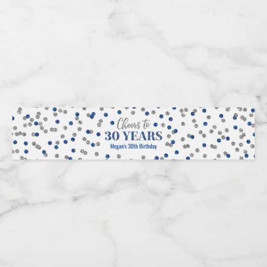 Proost op 30 Years Blue Silver Confetti Verjaardag Waterfles Etiket (Enkel label)