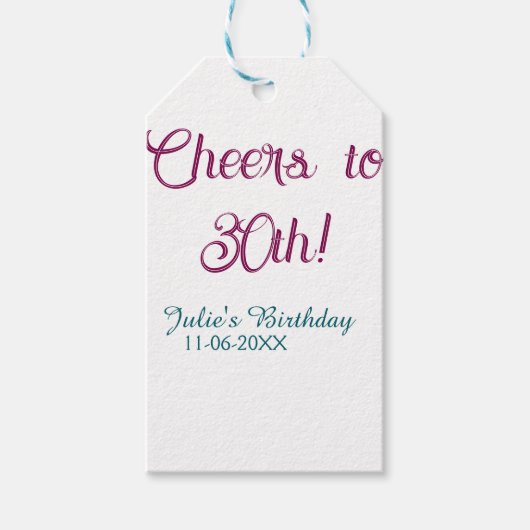 Proost op 30e verjaardag naam datum mauve blauwe e cadeaulabel (Voorkant)