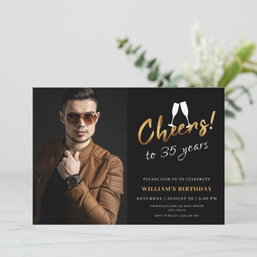 Proost op 35 jaar gouden zwarte volwassen verjaard kaart (Staand voorkant)