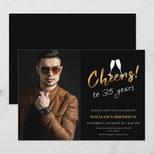 Proost op 35 jaar gouden zwarte volwassen verjaard kaart (Voorkant / Achterkant)