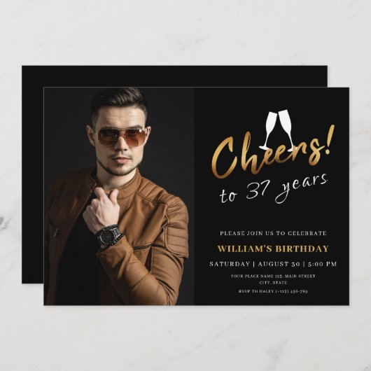 Proost op 37 jaar gouden zwarte volwassen verjaard kaart (Voorkant / Achterkant)