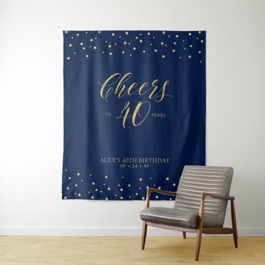 Proost op 40 jaar | Gold & Navy verjaardagsfeestje Wandkleed (In situ)