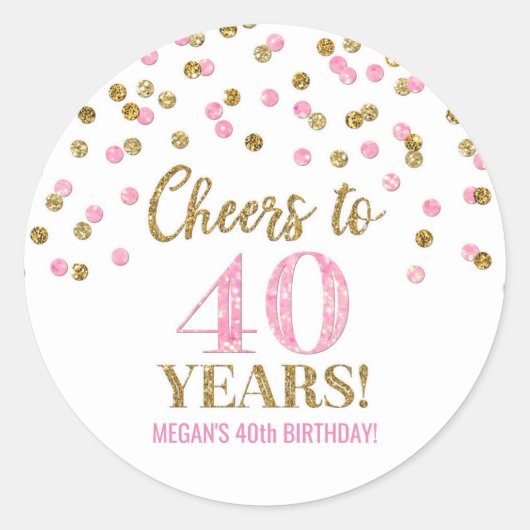 Proost op 40 Jaar Gouden Roze Confetti Ronde Sticker (Voorkant)