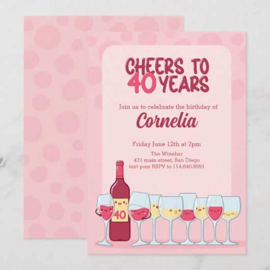 Proost op 40 jaar Kawaii Wine Birthday Uitnodiging (Voorkant / Achterkant)