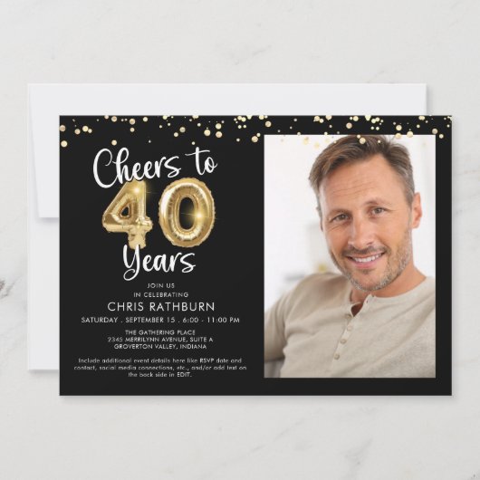 Proost op 40 jaar Photo Script Balloon Confetti Kaart (Voorkant)