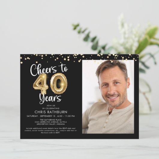 Proost op 40 jaar Photo Script Balloon Confetti Kaart (Staand voorkant)