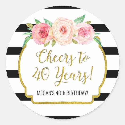 Proost op 40 jaar verjaardag Black Stripes Bloemen Ronde Sticker (Voorkant)