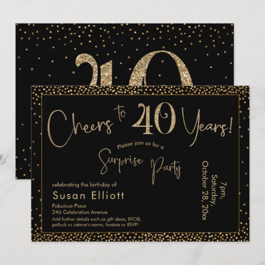 Proost op 40 jaar Verrassing Verjaardag Goud & Zwa Kaart (Voorkant / Achterkant)