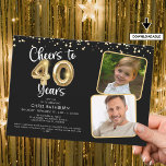 Proost op 40 Years2 Foto's Script Balloon Confetti Kaart<br><div class="desc">Vier een 40e verjaardag met deze elegante en feestelijke feestuitnodigingen met de titel CHEERS TO 40 YEARS met faux metallic gouden ballonnummers en moderne scripttypografie, 2 foto's en confetti in uw keuze van achtergrondkleur (weergegeven in zwart). ASSISTENTIE: Voor hulp bij ontwerpwijziging of personalisatie, het overbrengen van het ontwerp naar een...</div>