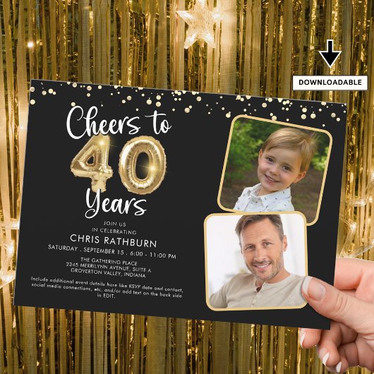 Proost op 40 Years2 Foto's Script Balloon Confetti Kaart
