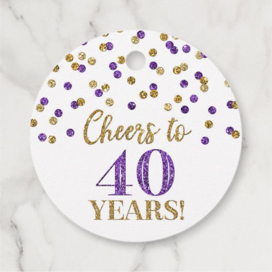 Proost op 40 Years Gold Paarse Confetti Bedankjes Labels (Achterkant)