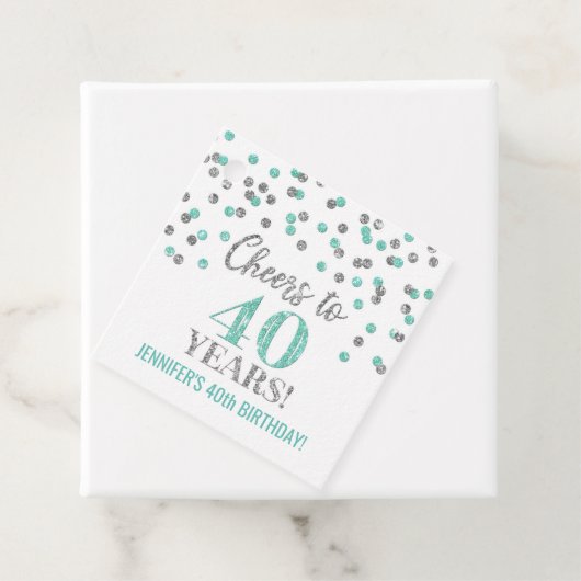 Proost op 40 Years Turquoise Silver Confetti Bedankjes Labels (In situ)