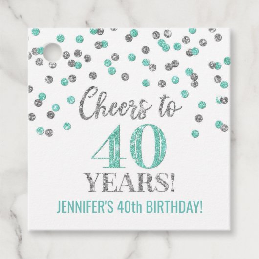 Proost op 40 Years Turquoise Silver Confetti Bedankjes Labels (Voorkant)