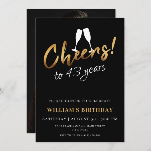 Proost op 43 jaar gouden zwarte volwassen verjaard kaart (Voorkant / Achterkant)