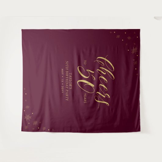 Proost op 50 jaar Goud & Burgundy Verjaardagsfeest Wandkleed (Voorkant (horizontaal))