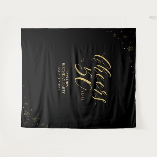 Proost op 50 jaar | Goud & Zwart Verjaardagsfeest Wandkleed (Voorkant (horizontaal))