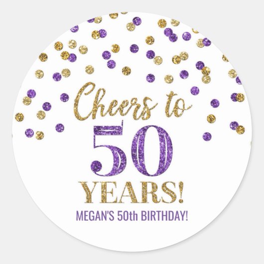 Proost op 50 jaar Gouden Paarse Confetti Ronde Sticker (Voorkant)