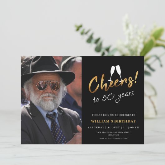 Proost op 50 jaar gouden zwarte volwassen verjaard kaart (Staand voorkant)