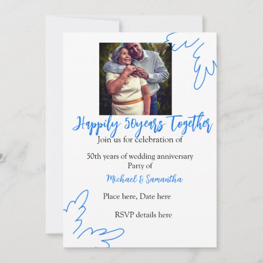 proost op 50 jaar jubileum blauwe blad foto naam kaart (Voorkant)