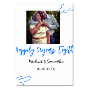 proost op 50 jaar jubileum blauwe blad foto naam kaart