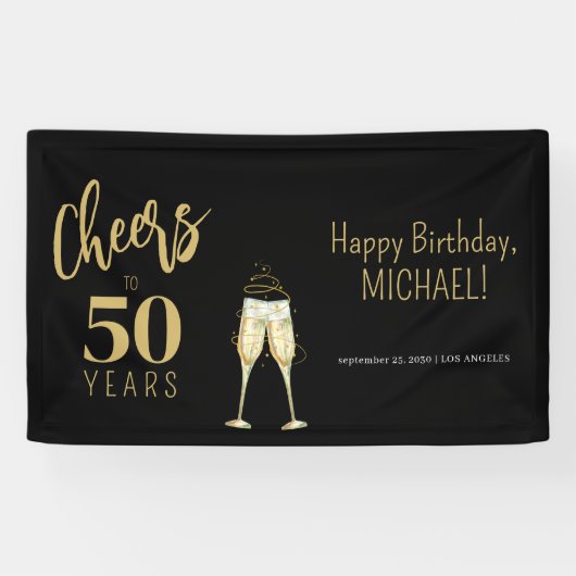 Proost op 50 jaar modern goud zwart 50ste verjaard spandoek (Horizontaal)