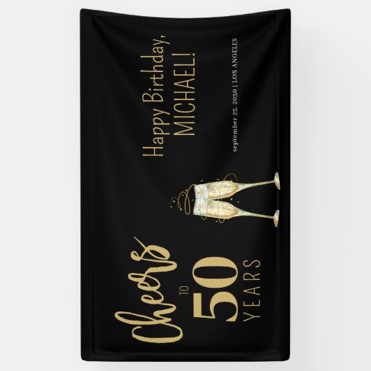 Proost op 50 jaar modern goud zwart 50ste verjaard spandoek (Verticaal)