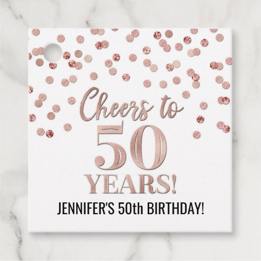 Proost op 50 jaar Roos Gold Confetti Bedankjes Labels (Voorkant)
